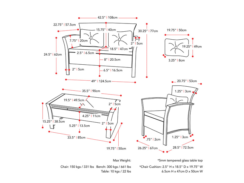 black and turquoise Wicker Patio Set, 4pc Cascade Collection measurements diagram by CorLiving