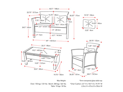 black and warm white Wicker Patio Set, 4pc Cascade Collection measurements diagram by CorLiving#color_black-and-warm-white