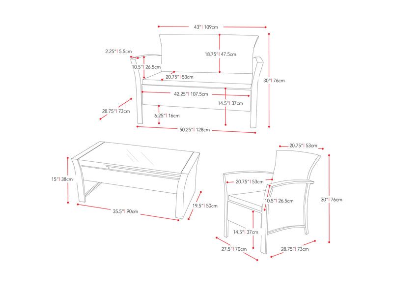 red 4 Piece Wicker Patio Set Cascade Collection measurements diagram by CorLiving