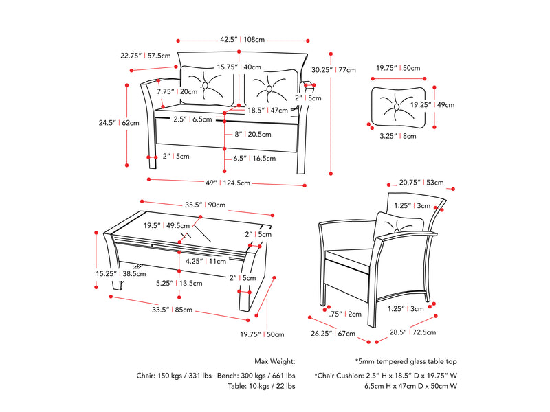 black and navy blue Wicker Patio Set, 4pc Cascade Collection measurements diagram by CorLiving