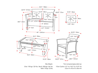 black and grey Wicker Patio Set, 4pc Cascade Collection measurements diagram by CorLiving#color_black-and-grey