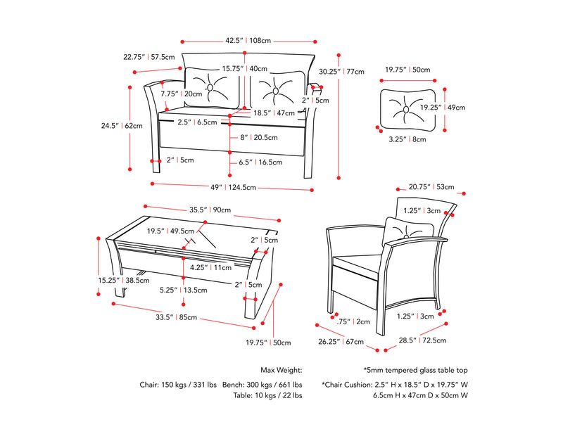 black and grey Wicker Patio Set, 4pc Cascade Collection measurements diagram by CorLiving
