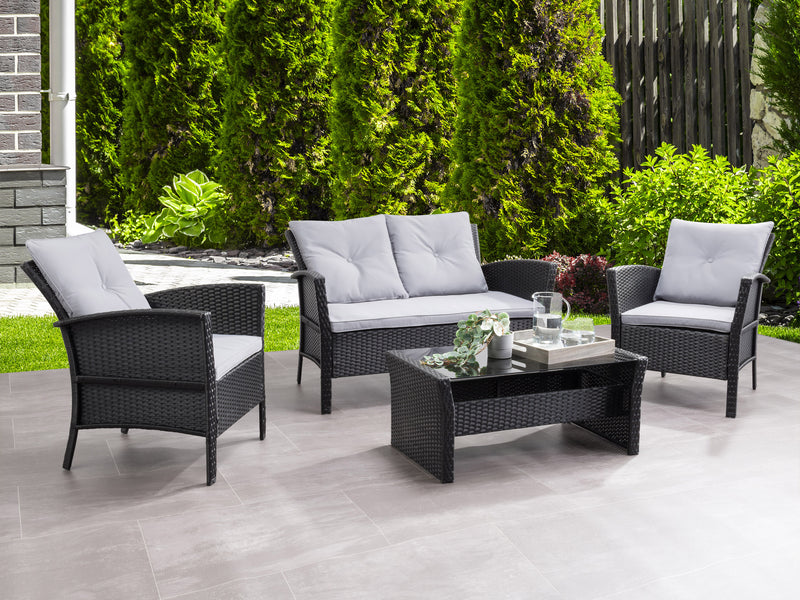 black and grey Wicker Patio Set, 4pc Cascade Collection lifestyle scene by CorLiving