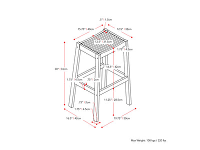 brown Natural Wood Bar Stools, Set of 2 Miramar Collection measurements diagram by CorLiving#color_miramar-brown