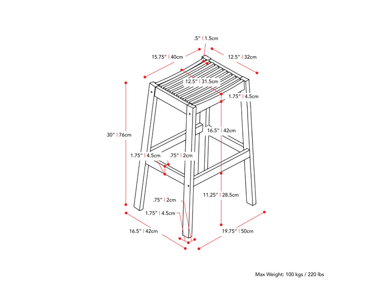 brown Natural Wood Bar Stools, Set of 2 Miramar Collection measurements diagram by CorLiving