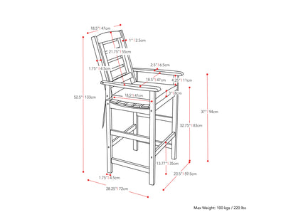 Modern patio bar stool with sleek black metal frame, weather-resistant light grey cushion, and footrest. Ideal for outdoor seating. Contemporary design with clean lines for stylish patio or garden bar setups.