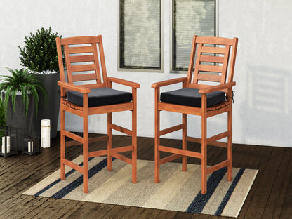 Set of 2 wooden patio bar stools with natural wood finish, featuring curved backrests, slatted seats, and sturdy footrests, ideal for outdoor dining and entertainment.