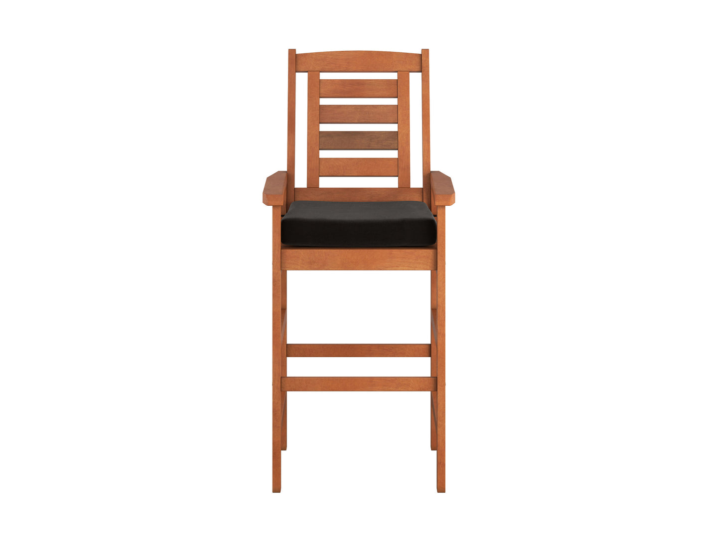 Modern patio bar stool with sleek black metal frame, light brown wooden seat, and backrest. Features a minimalist design with clean lines, perfect for outdoor bar settings or contemporary patios.