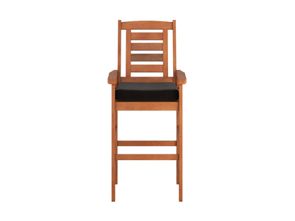 Modern patio bar stool with sleek black metal frame, light brown wooden seat, and backrest. Features a minimalist design with clean lines, perfect for outdoor bar settings or contemporary patios.