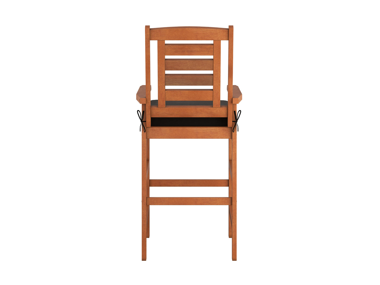 Natural wood patio bar stool with black metal frame, featuring a slatted seat and backrest, ideal for outdoor use. Durable construction, modern rustic design, perfect for garden or deck seating.