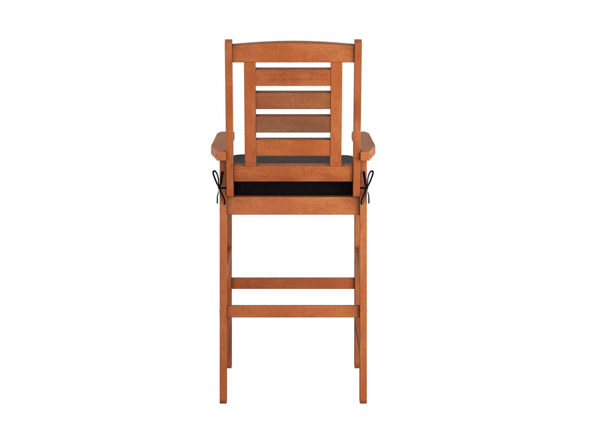 Natural wood patio bar stool with black metal frame, featuring a slatted seat and backrest, ideal for outdoor use. Durable construction, modern rustic design, perfect for garden or deck seating.