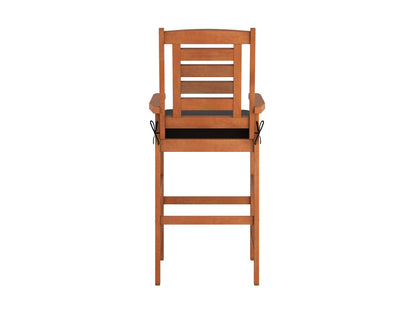 Natural wood patio bar stool with black metal frame, featuring a slatted seat and backrest, ideal for outdoor use. Durable construction, modern rustic design, perfect for garden or deck seating.