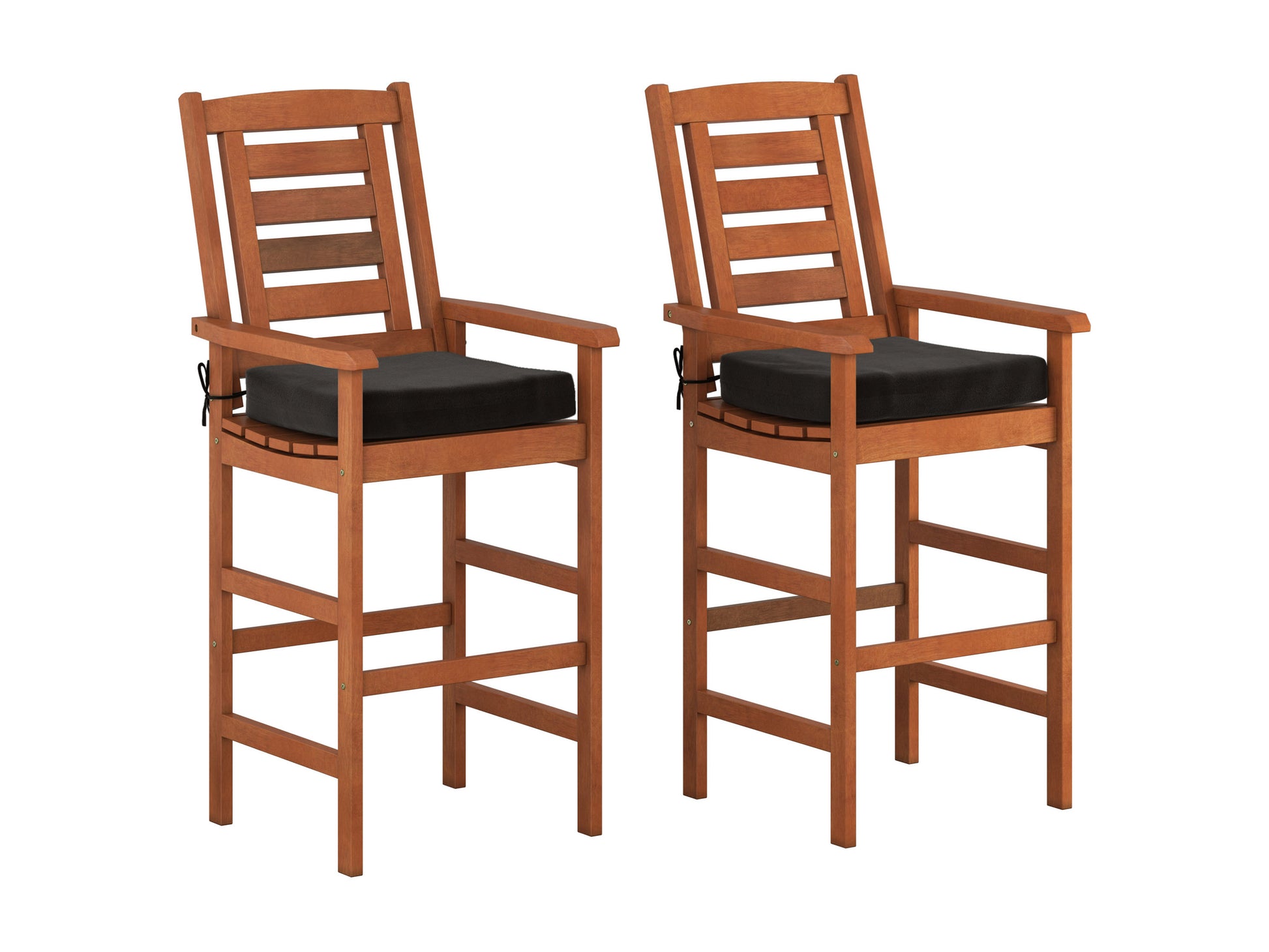 Outdoor patio bar set, 5-piece, featuring a sleek black metal frame, woven rattan detailing, and neutral beige cushions. Includes a high-top table and four bar stools, perfect for stylish outdoor entertaining.