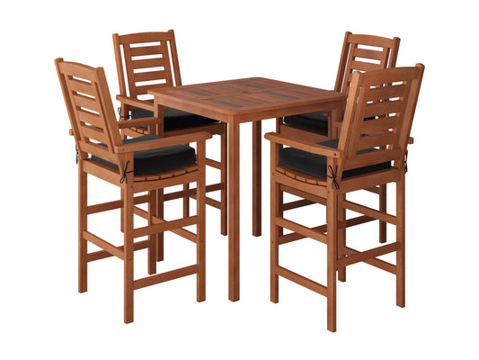 Black metal patio bar set with two bar stools featuring beige cushioned seats and backs, sleek slatted design, and footrests, perfect for outdoor entertaining and garden spaces.