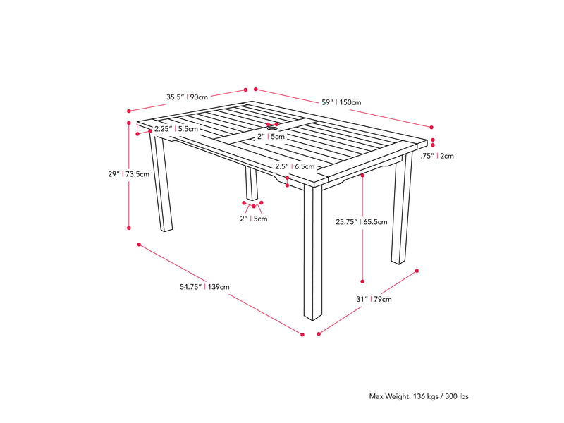 white Outdoor Wood Dining Table Miramar Collection measurements diagram by CorLiving