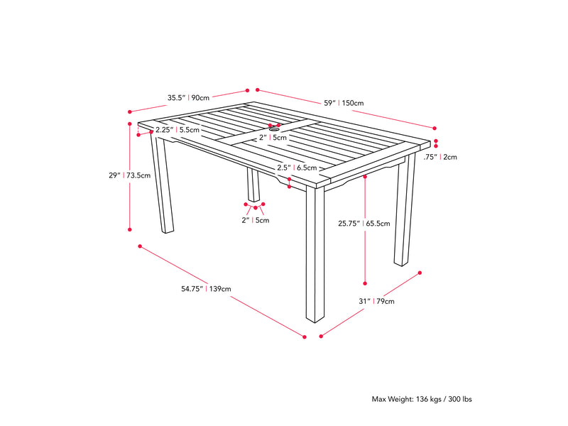 brown Outdoor Wood Dining Table Miramar Collection measurements diagram by CorLiving