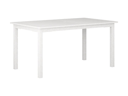 Black metal and wood patio dining set with a rectangular table and six cushioned chairs, featuring a slatted tabletop and weather-resistant materials, perfect for outdoor dining and entertaining.