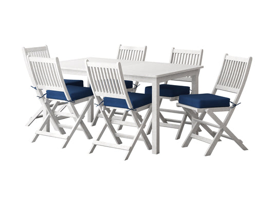 Black metal patio dining set with rectangular glass table and six matching chairs featuring beige cushions, suitable for outdoor use.