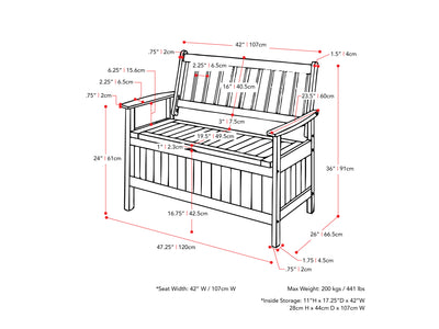 brown Wooden Storage Bench Miramar Collection measurements diagram by CorLiving#color_miramar-brown