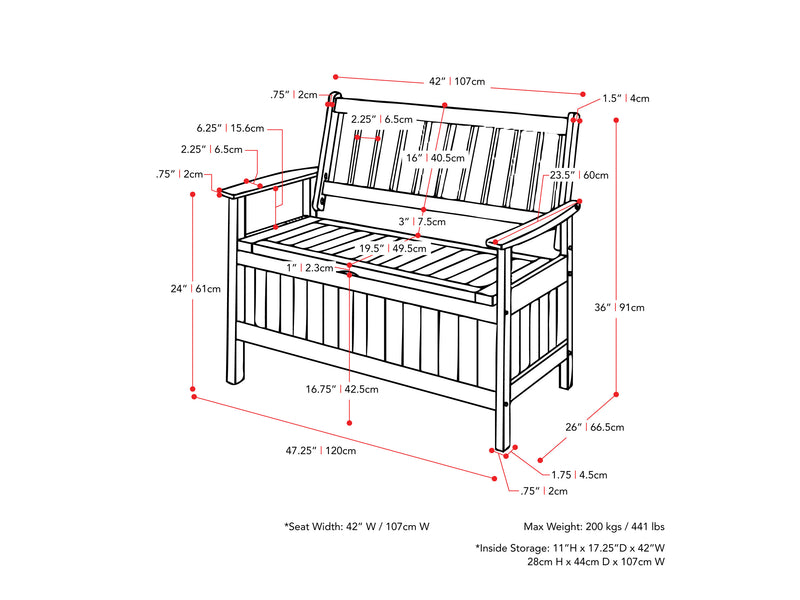 brown Wooden Storage Bench Miramar Collection measurements diagram by CorLiving