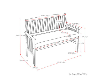 Miramar Brown Wood Bench with Back Miramar Collection measurements diagram by CorLiving#color_miramar-brown