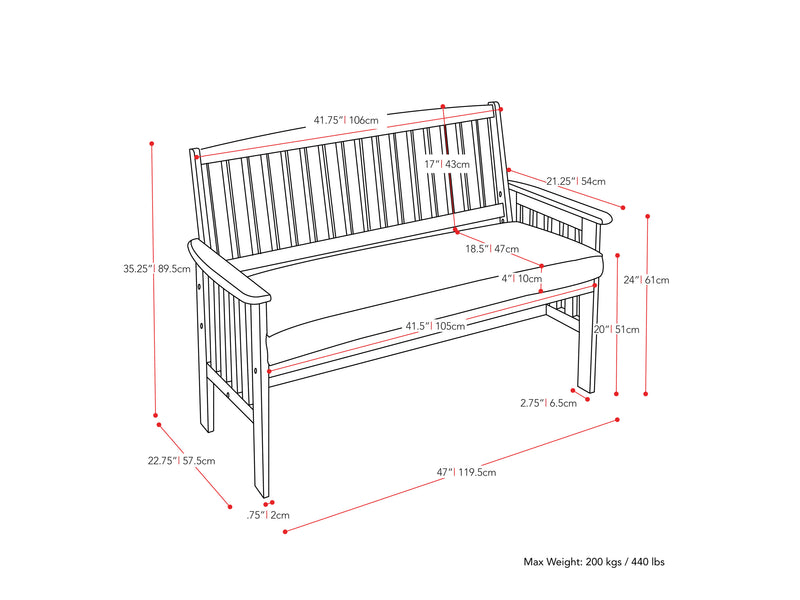 Miramar Brown Wood Bench with Back Miramar Collection measurements diagram by CorLiving