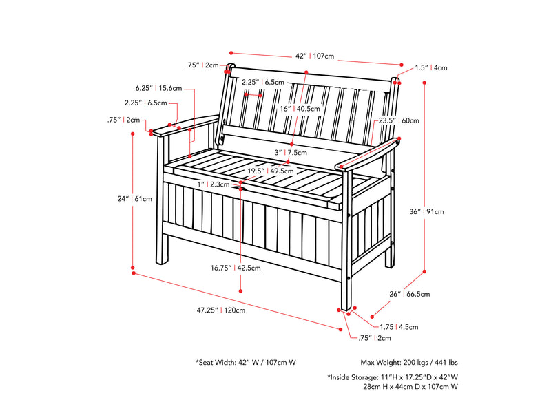 white Wooden Storage Bench Miramar Collection measurements diagram by CorLiving