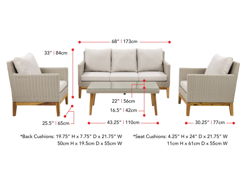 Wicker Conversation Set, 4pc Madrid Collection measurements diagram by CorLiving