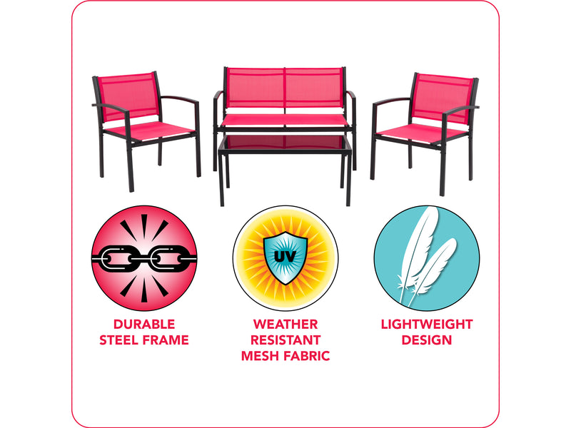 red Metal Outdoor Conversation Set, 4pc Everett Collection infographic by CorLiving