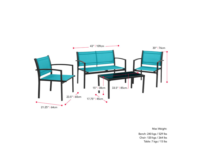 teal Metal Outdoor Conversation Set, 4pc Everett Collection measurements diagram by CorLiving