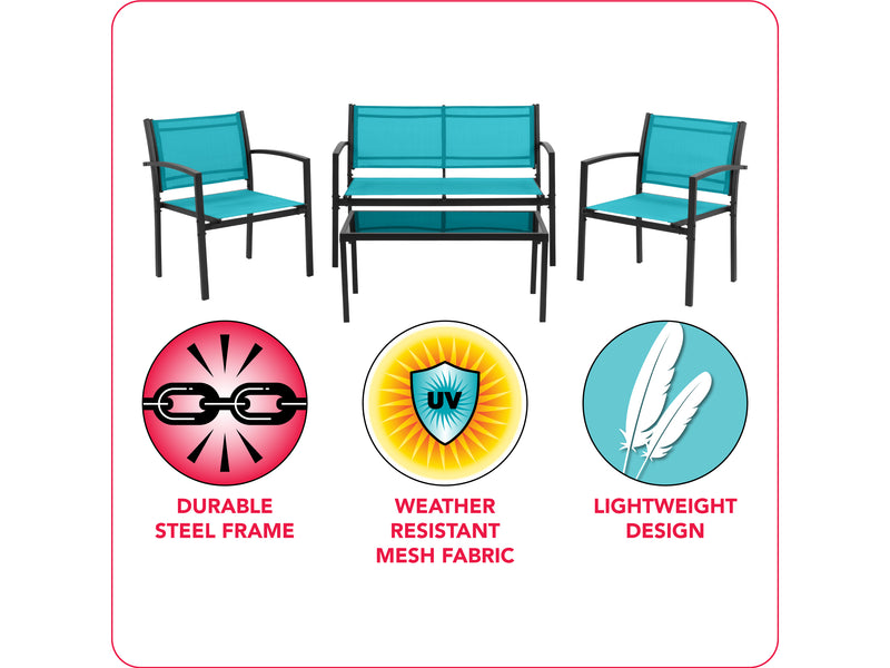 teal Metal Outdoor Conversation Set, 4pc Everett Collection infographic by CorLiving