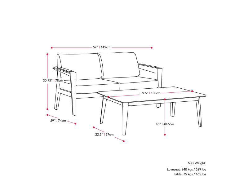 grey and white Metal Patio Set, 4pc Liam Collection measurements diagram by CorLiving