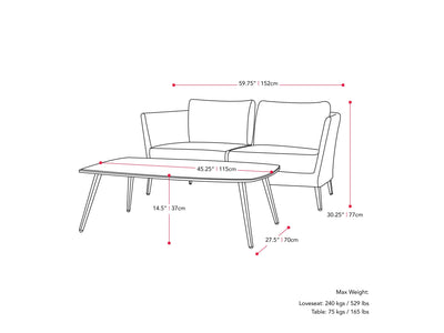 grey and black Metal Patio Conversation Set, 4pc Peregrine Collection measurements diagram by CorLiving#color_grey-and-black