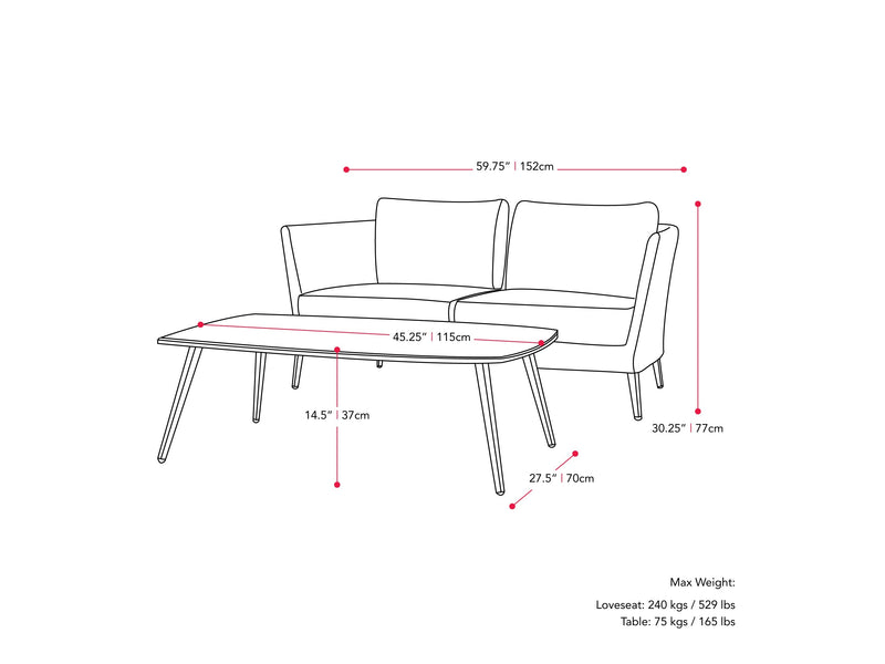 grey and black Metal Patio Conversation Set, 4pc Peregrine Collection measurements diagram by CorLiving