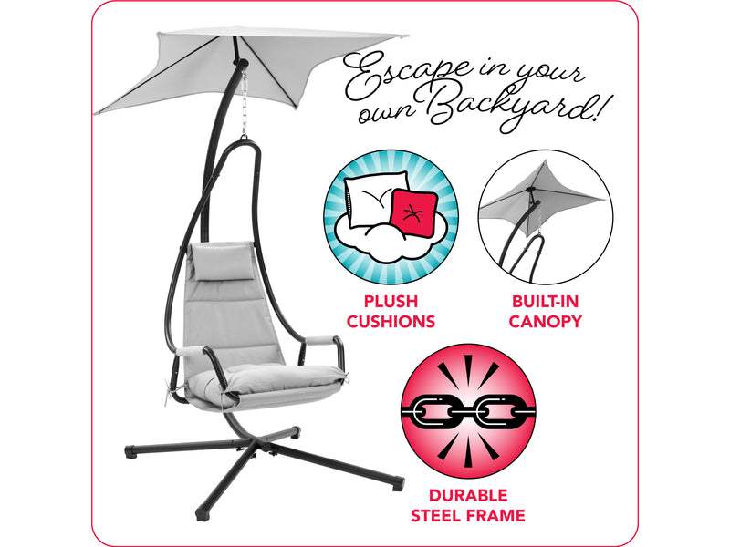 light grey Swing Lounge Chair Kingsley Collection infographic by CorLiving