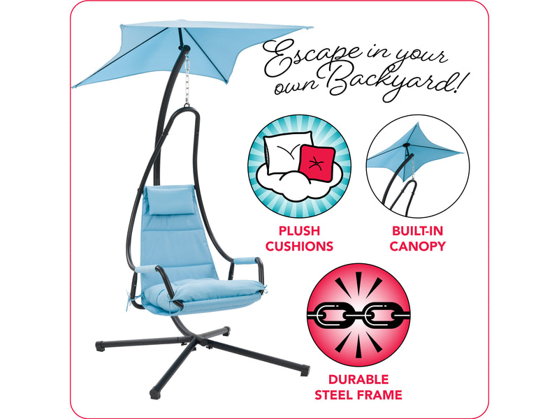light blue Swing Lounge Chair Kingsley Collection infographic by CorLiving