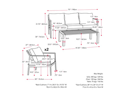 grey and black Metal Conversation Set, 4pc Gaia Collection measurements diagram by CorLiving#color_grey-and-black