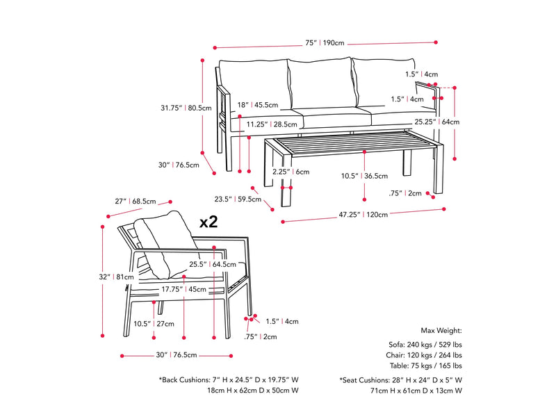 grey and black Metal Conversation Set, 4pc Gaia Collection measurements diagram by CorLiving