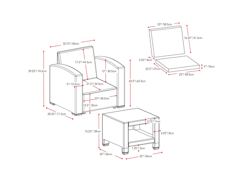 black and beige weave Outdoor Chairs with Ottoman, 4pc Patio Set Adelaide Collection measurements diagram by CorLiving