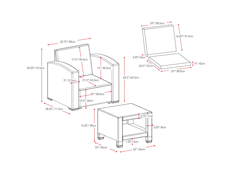 black and beige weave Outdoor Chairs with Ottoman, 4pc Patio Set Adelaide Collection measurements diagram by CorLiving