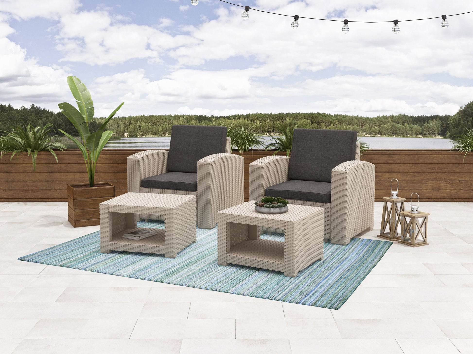 Modern patio conversation set with gray cushions, black metal frame, and wooden accents. Includes a loveseat, two armchairs, and a coffee table. Ideal for outdoor relaxation and entertaining.