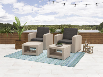 Modern patio conversation set with gray cushions, black metal frame, and wooden accents. Includes a loveseat, two armchairs, and a coffee table. Ideal for outdoor relaxation and entertaining.
