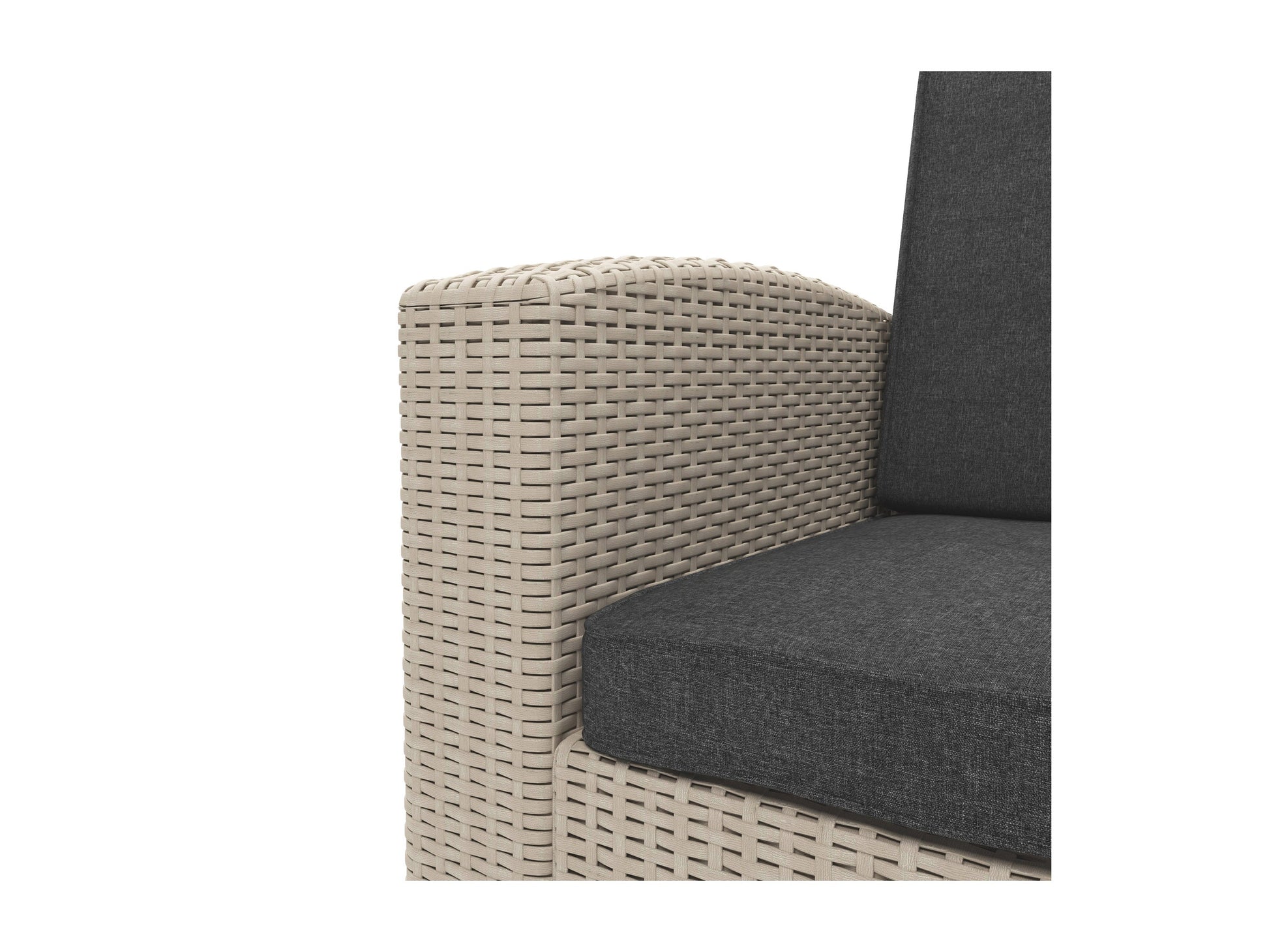 3-piece gray wicker patio conversation set with beige cushions, including a loveseat, two armchairs, and a glass-top coffee table, perfect for outdoor lounging and entertaining.