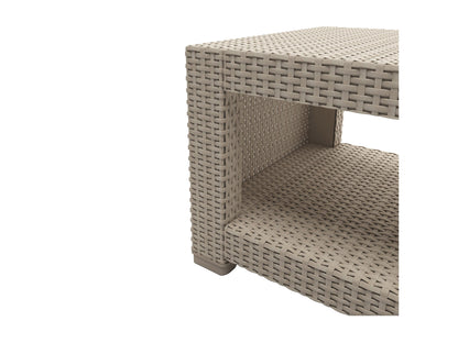 Four-piece patio conversation set with gray cushions, brown wicker frames, and a glass-top coffee table, perfect for outdoor lounging and entertaining.