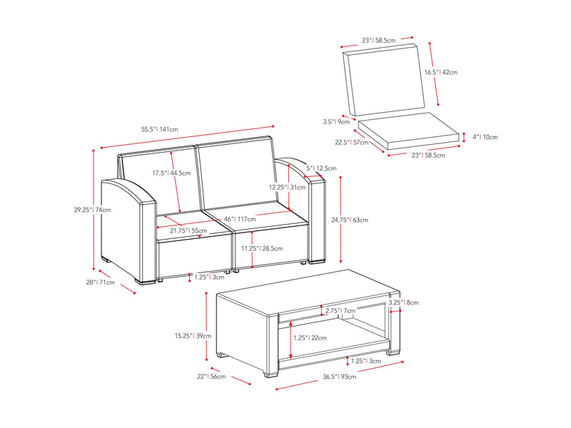 black and beige weave Outdoor Wicker Loveseat Adelaide Collection measurements diagram by CorLiving