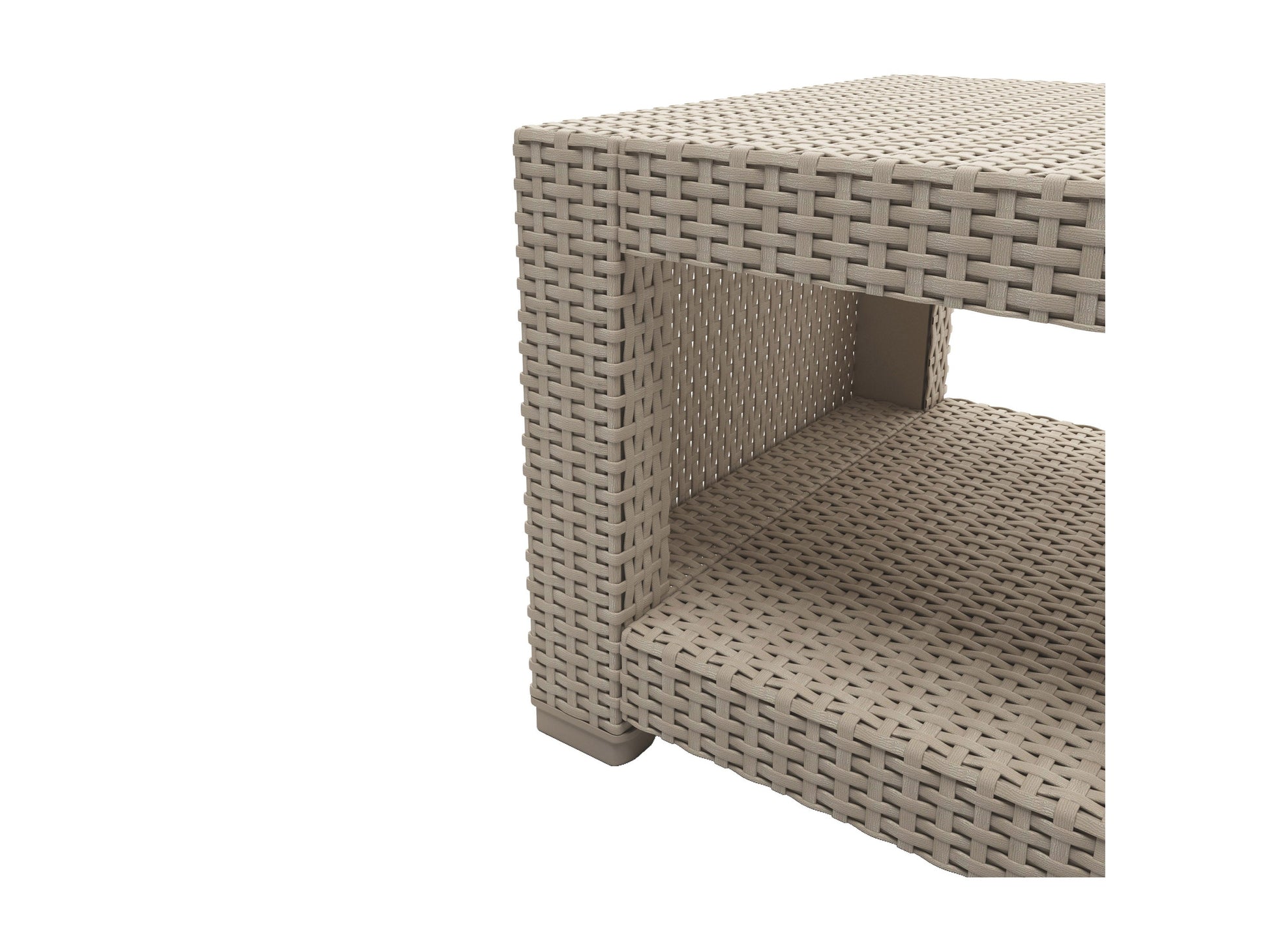 Outdoor wicker loveseat with beige cushions, dark brown rattan frame, and weather-resistant materials. Features plush seating, supportive backrest, and sleek design, perfect for patio or garden settings.