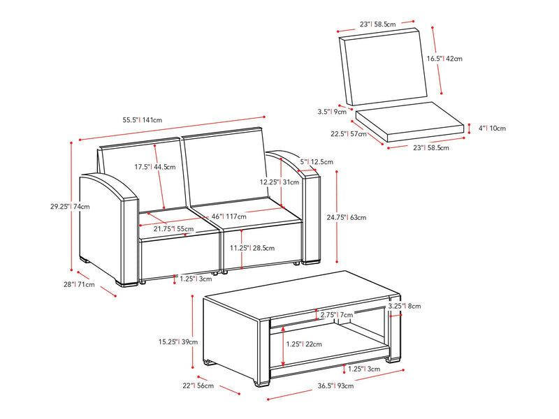 black and beige weave 6 Piece Patio Set Adelaide Collection measurements diagram by CorLiving