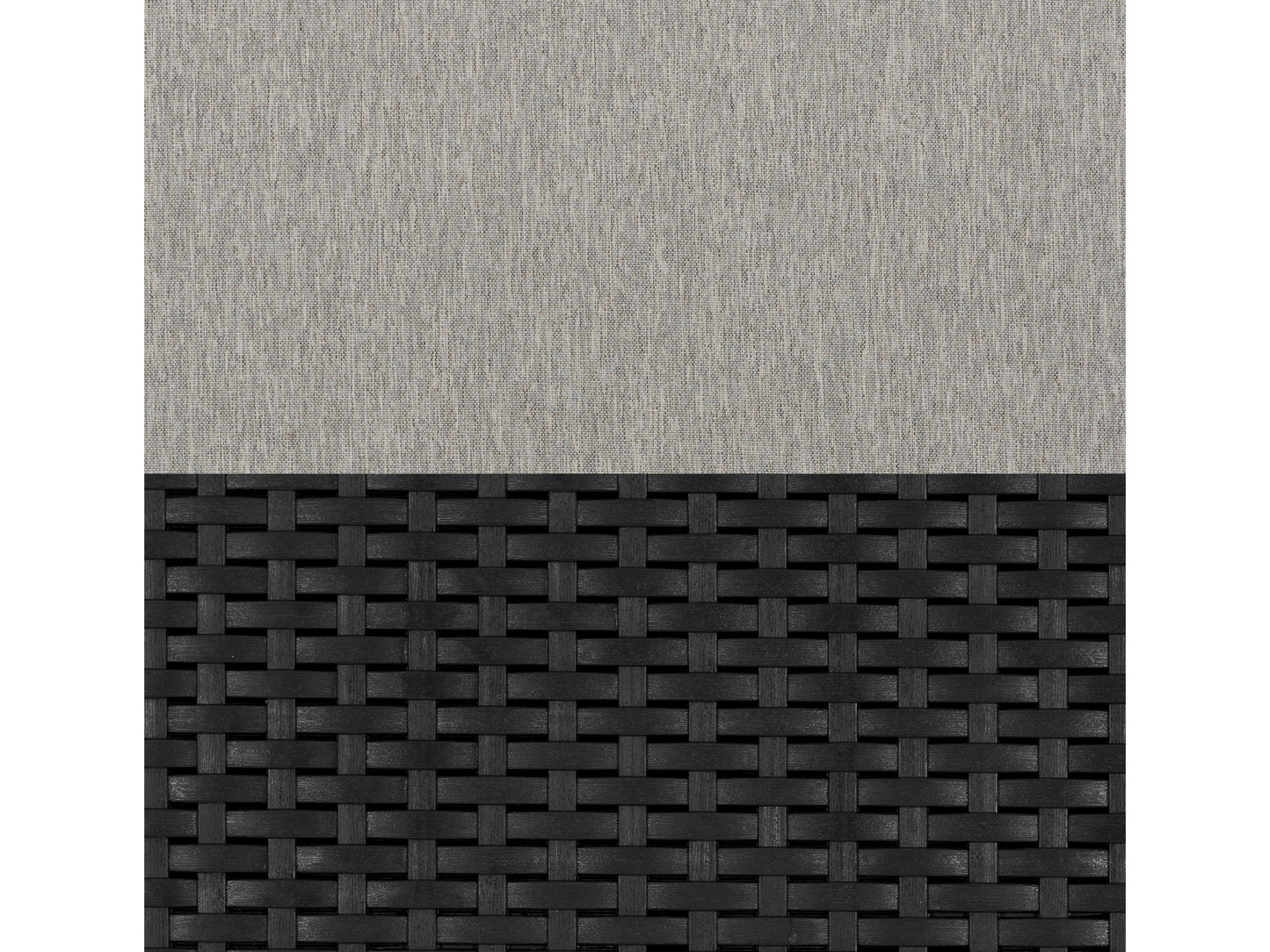 Modern patio conversation set with gray wicker, beige cushions, and glass-top coffee table. Features durable, weather-resistant materials, clean lines, and comfortable seating for outdoor relaxation.
