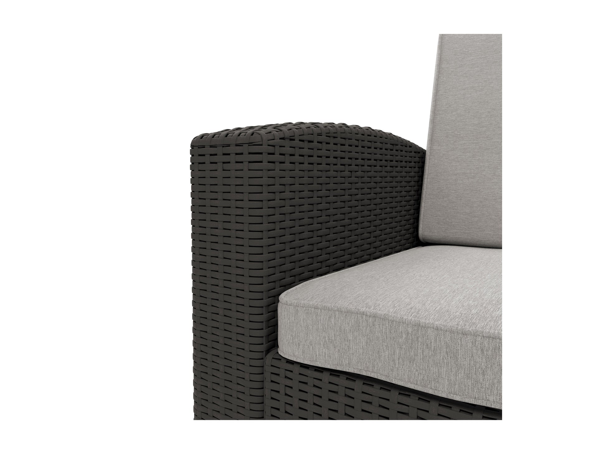 Outdoor wicker loveseat with gray cushions, brown rattan frame, and black metal legs. Features a modern design, weather-resistant materials, and comfortable seating for two. Ideal for patio or garden use.