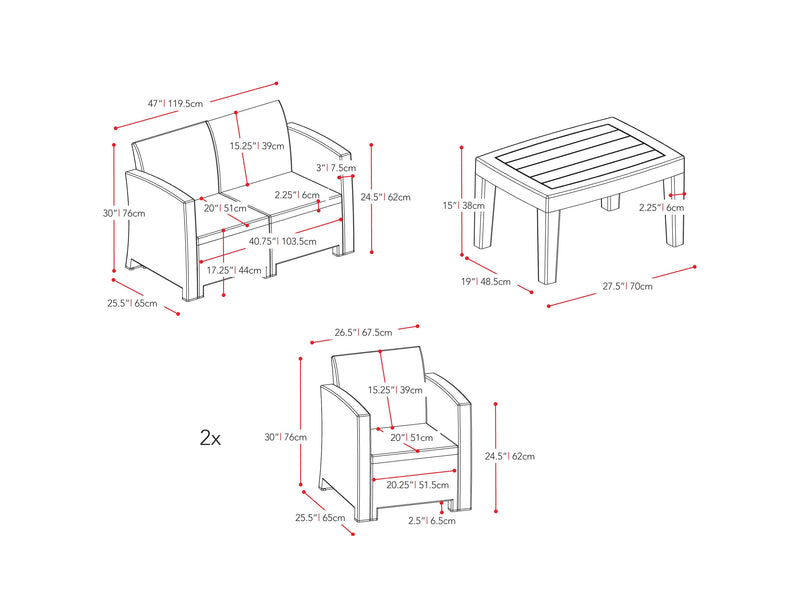 black and beige weave Outdoor Conversation Set, 4pc Adelaide Collection measurements diagram by CorLiving